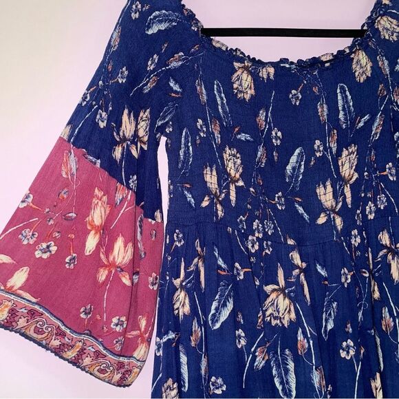 J Gee Sundress XL Midi Smocked Boho Print Bell Sleeves Blue Purple - Picture 2 of 8